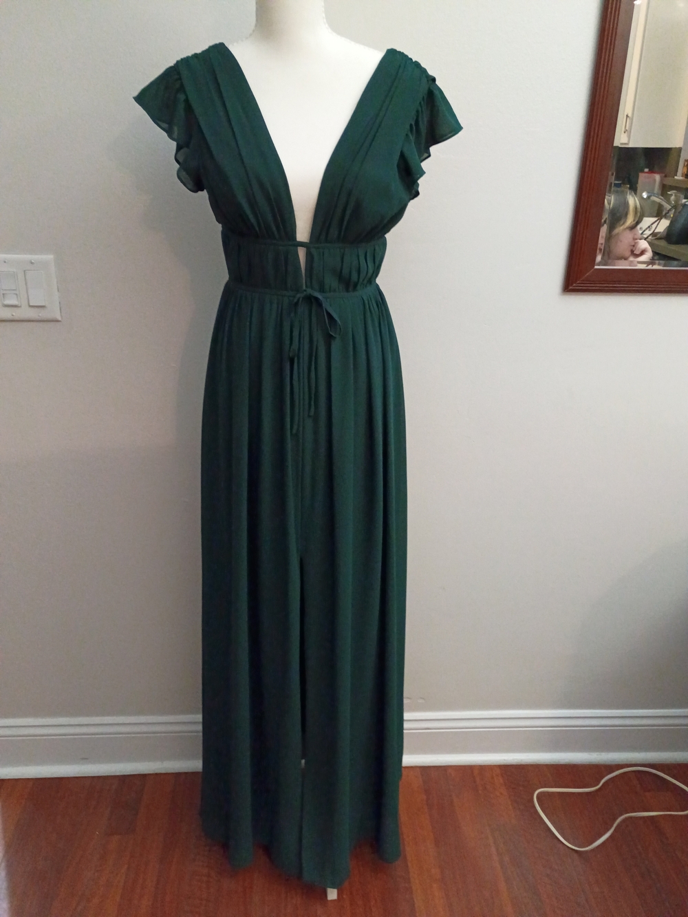 Lulu's Forest Green Plunge Maxi Dress with Flutter Sleeves